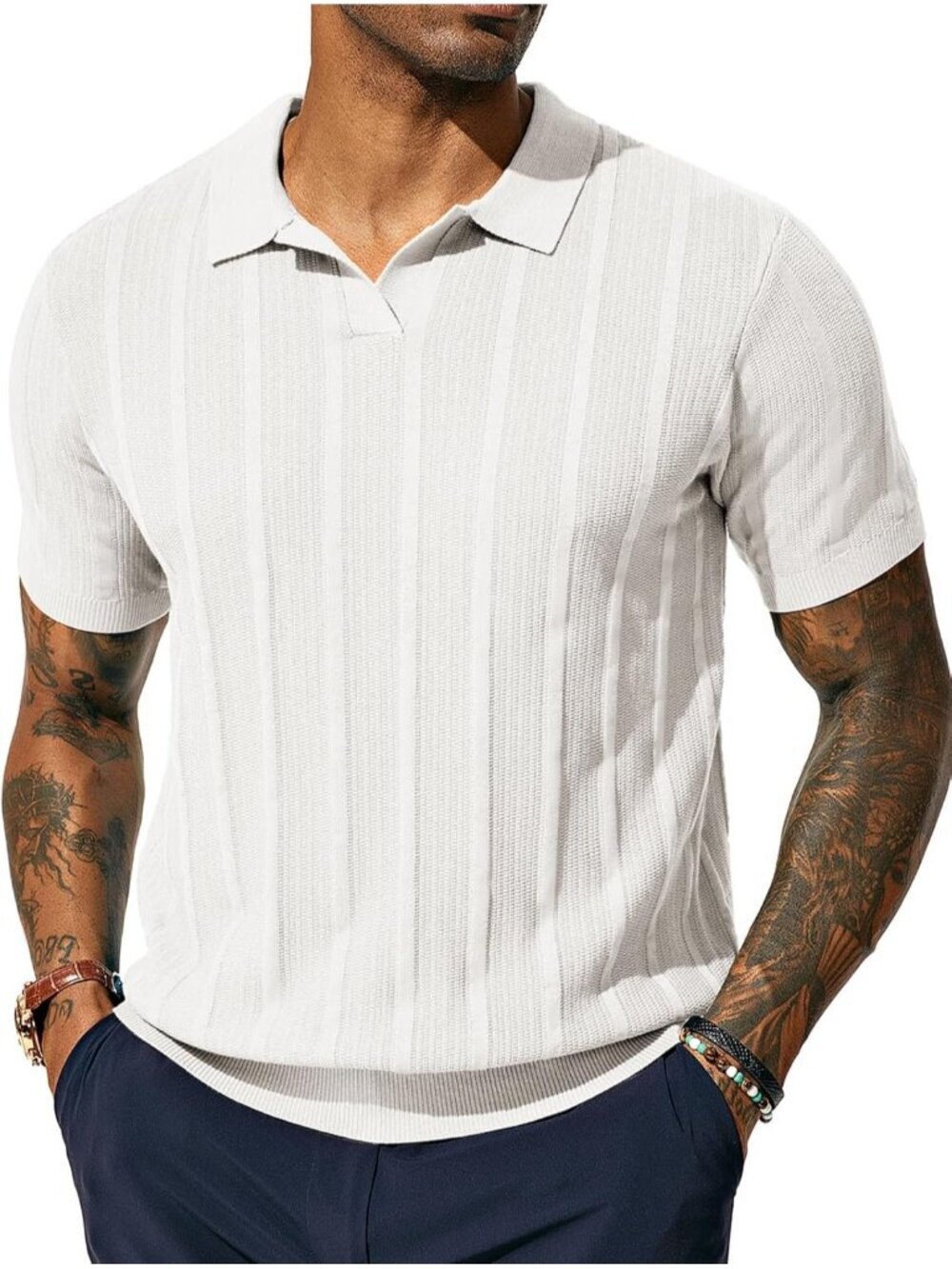 Men's Ivory White Button Polo Shirts Regular Fit Textured V-Neck Imported Golf